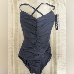 Charcoal gray body wrappers  “Premiere Collection” shirred ballet leotard #P522